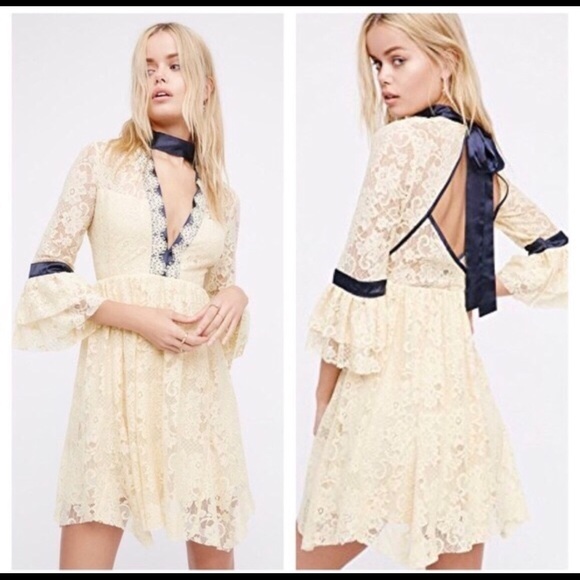 Free People Dresses & Skirts - Free People Gilded Lace Yellow Dress with Neck Tie